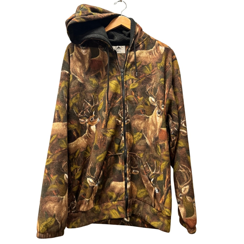 Vintage Black Mountain Fleece‎ Hoodie Adult 2X Deer Buck AOP Camo Brown Hunting
